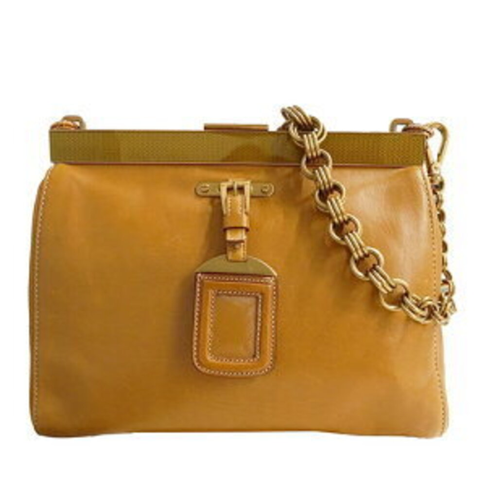 Prada Bag Shoulder Leather Camel Tan Brown Chain Clasp Closure Plain